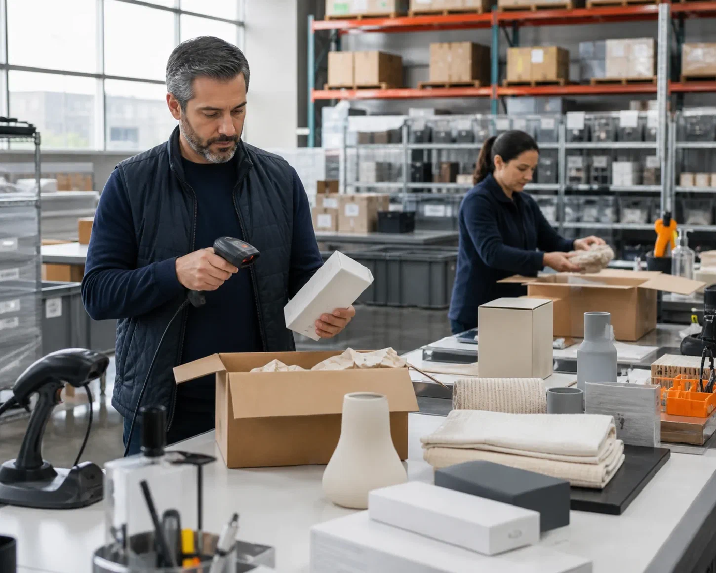 Returned retail products being scanned, inspected and routed at a reverse logistics station