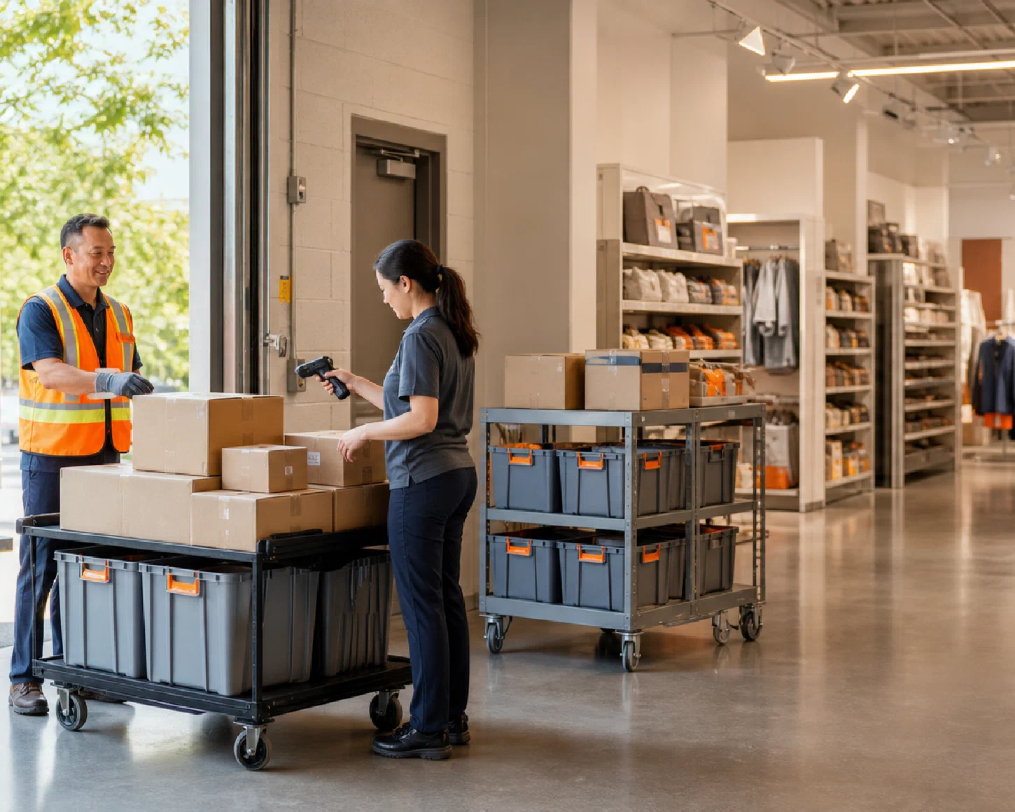 A scheduled retail replenishment delivery being received and verified