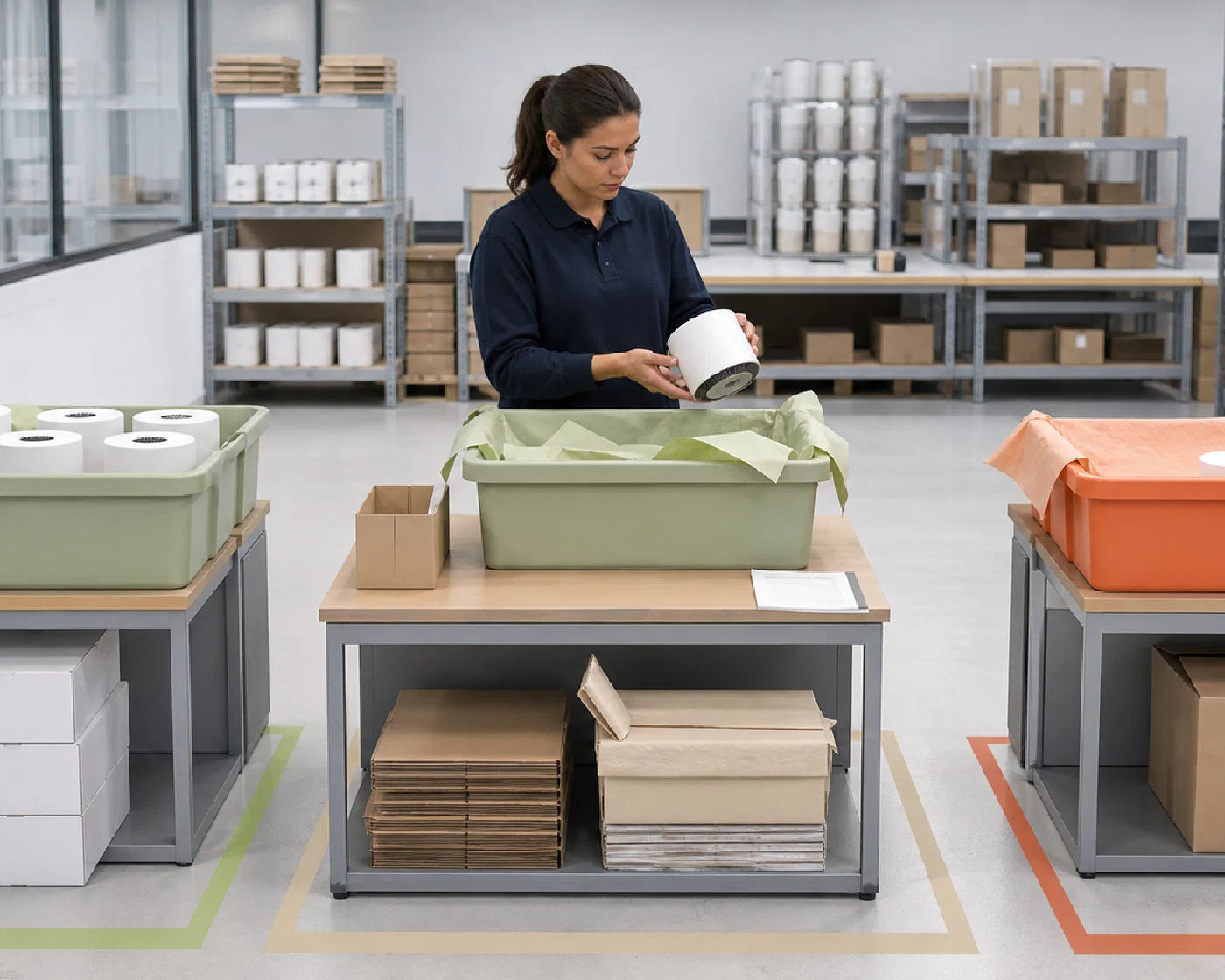 A returns specialist sorting inspected products into separate warehouse disposition zones