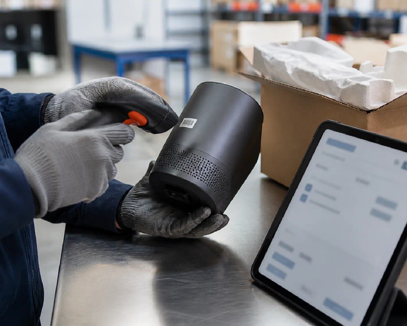 A returned product being scanned beside its carton and order record