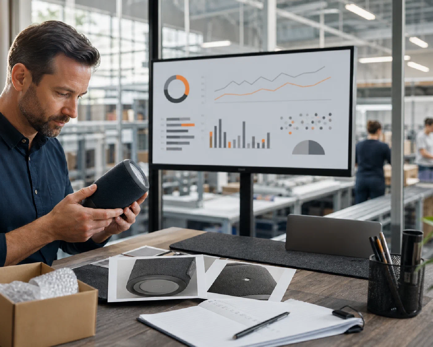 A logistics lead reviewing a returned product, inspection evidence and return trends