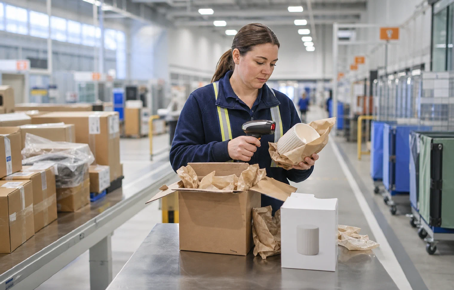 A warehouse specialist scanning and inspecting a returned product at a reverse-logistics station