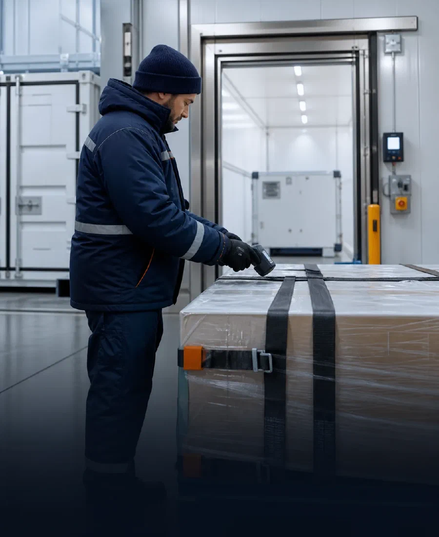 A cold-chain specialist scanning a temperature-conscious shipment