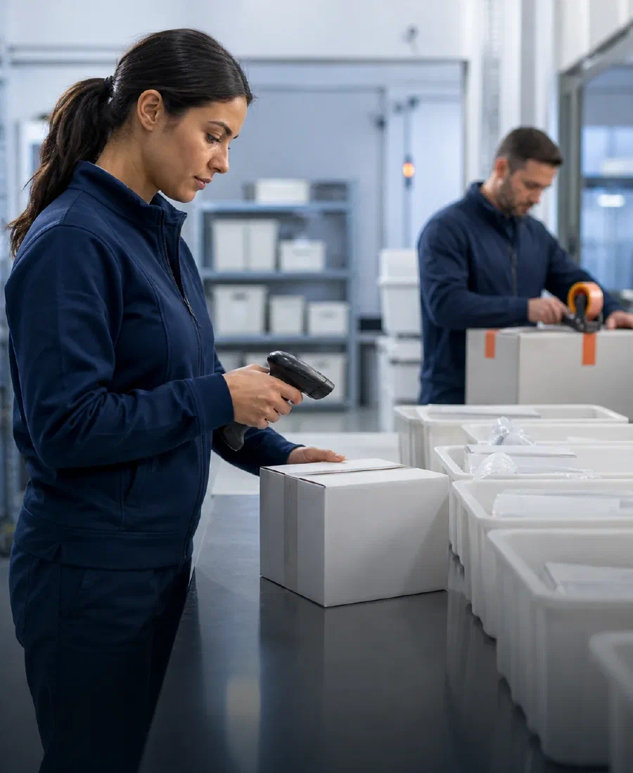 Healthcare logistics specialists scanning and preparing controlled products