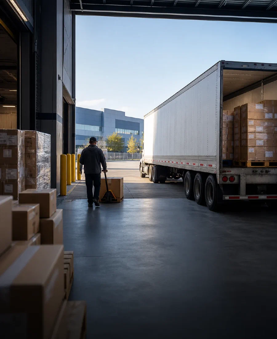 Freight being prepared at an active warehouse dock