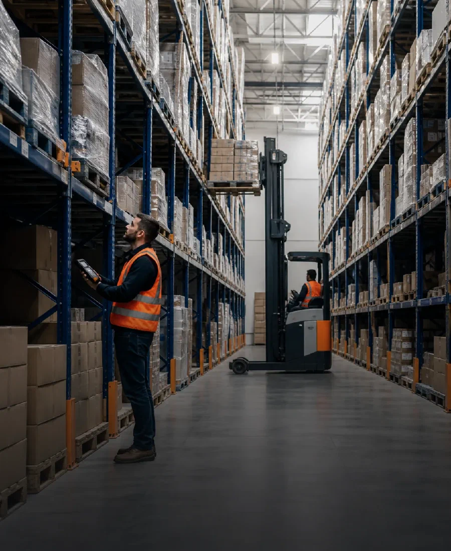 Warehouse specialists managing pallet inventory in a high-bay facility