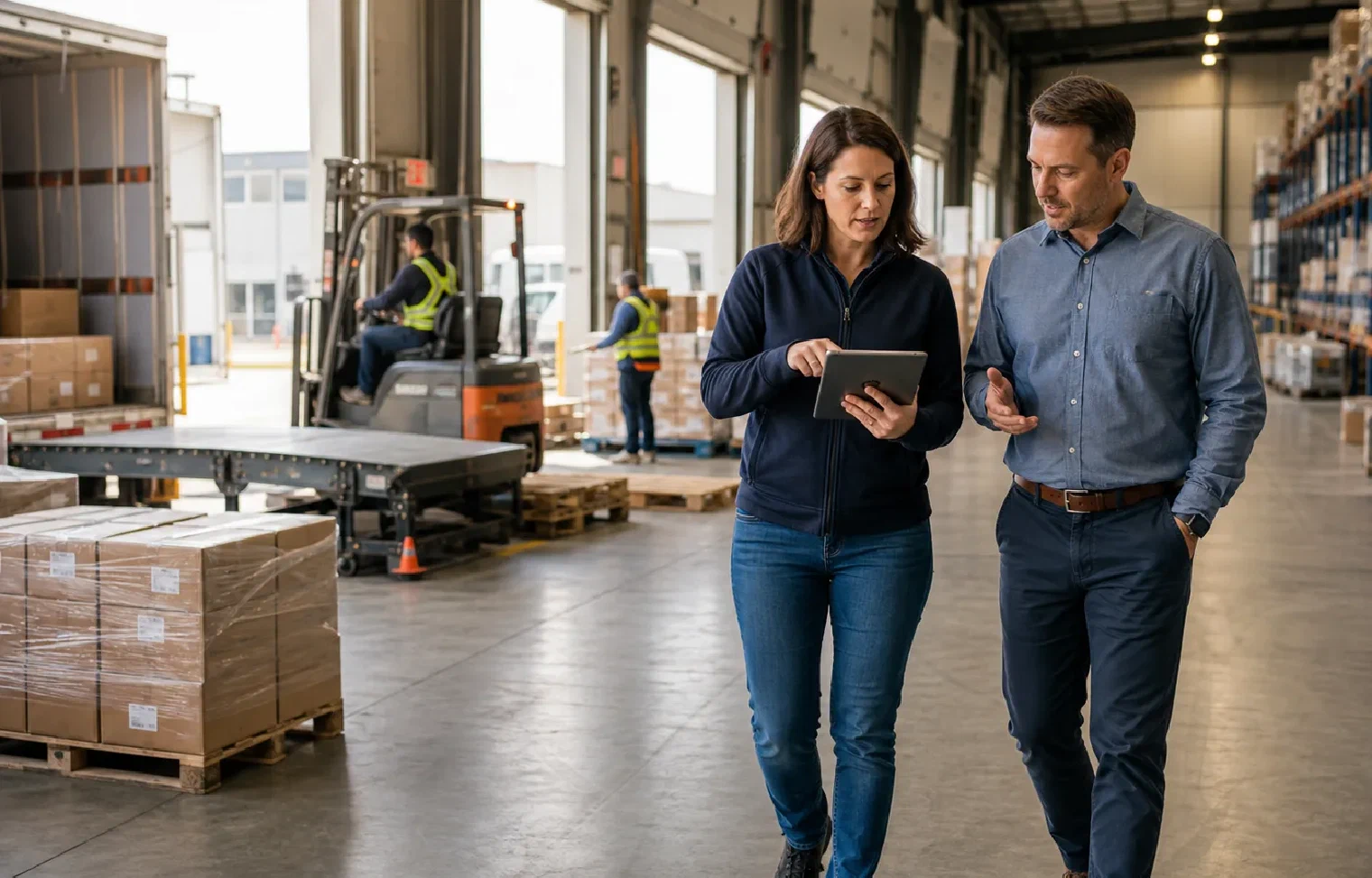 A logistics leader and business partner reviewing an active warehouse operation