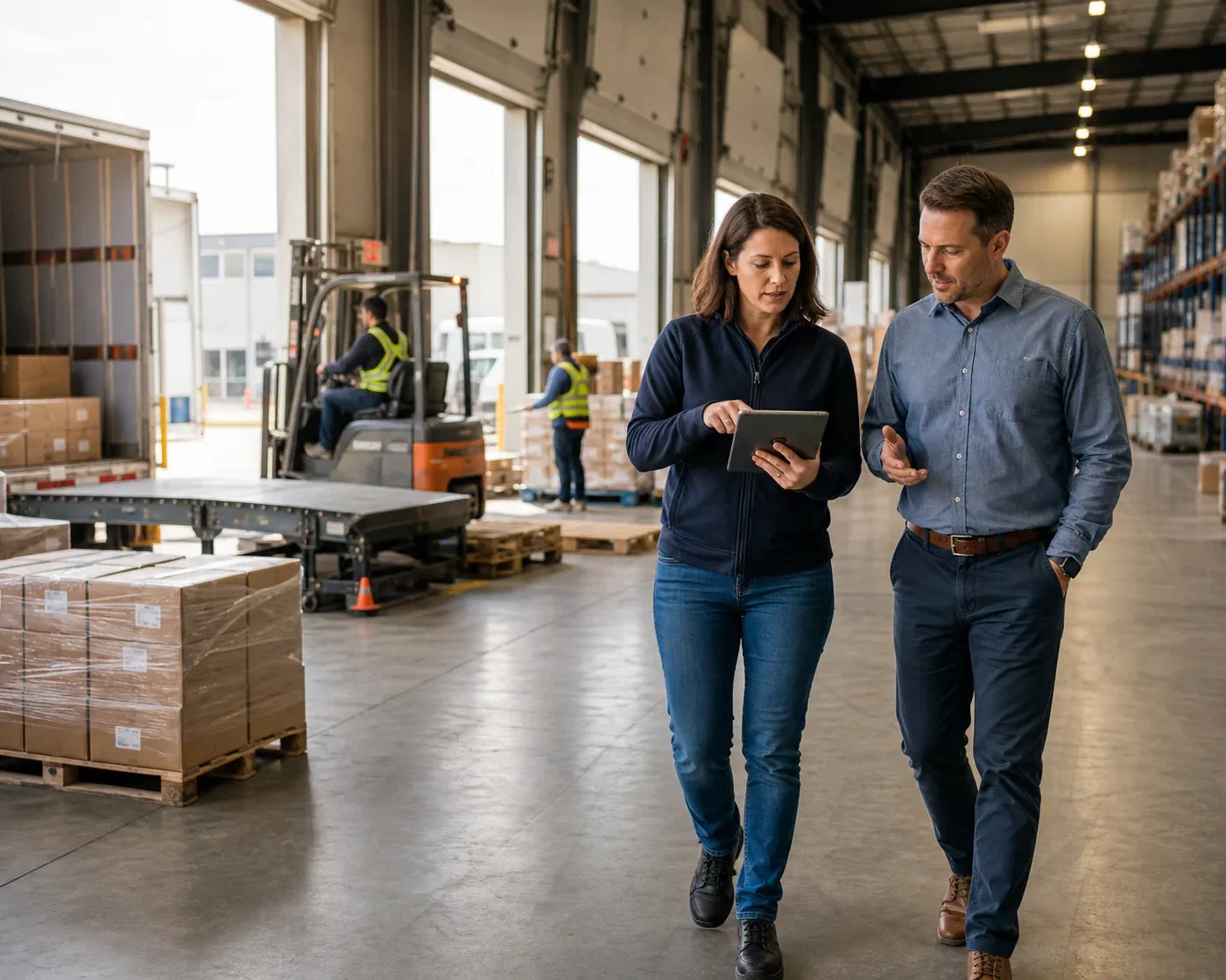 A logistics operations lead and business client reviewing the physical workflow together