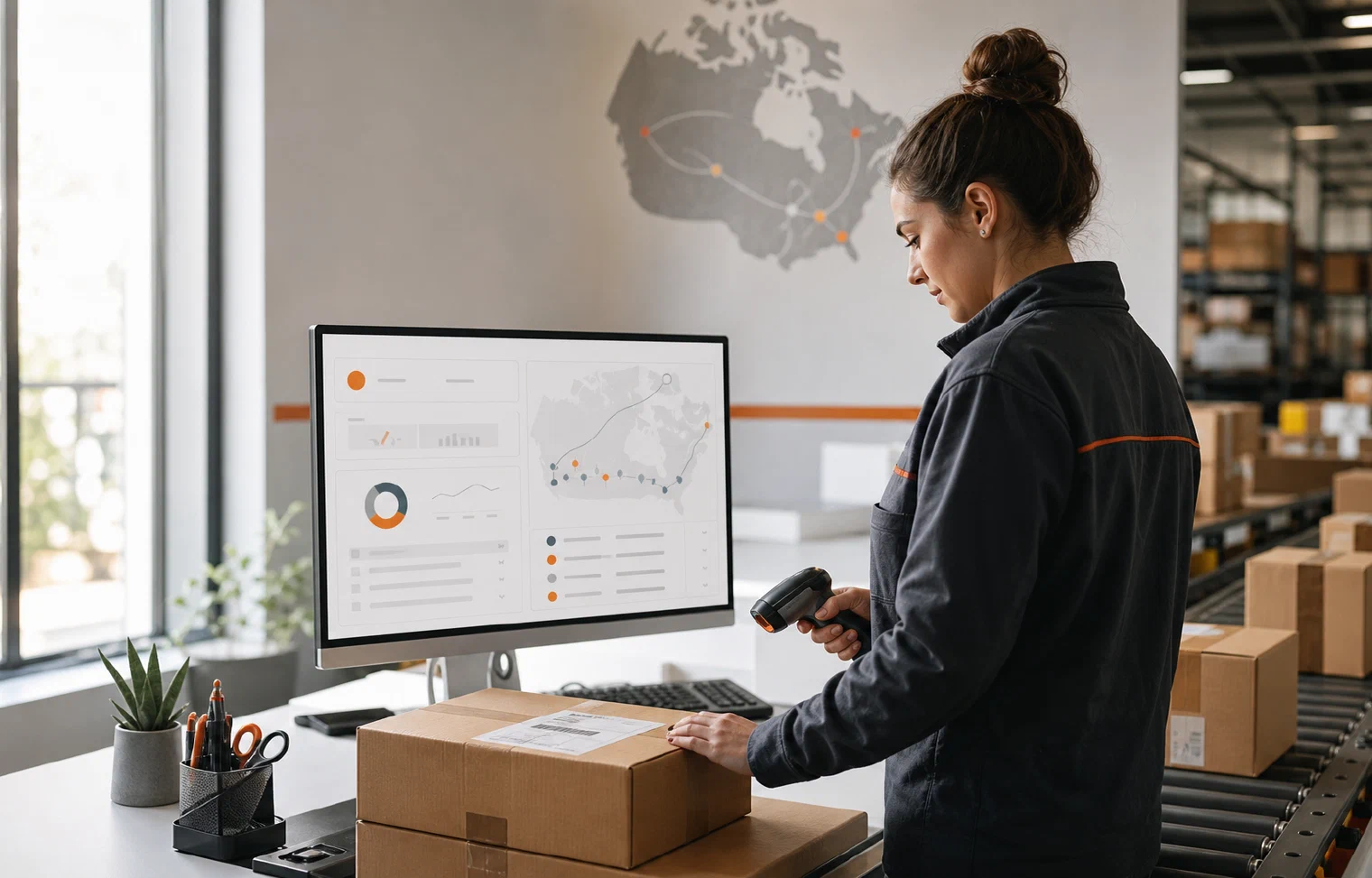 A logistics specialist using connected shipping technology beside an active warehouse operation