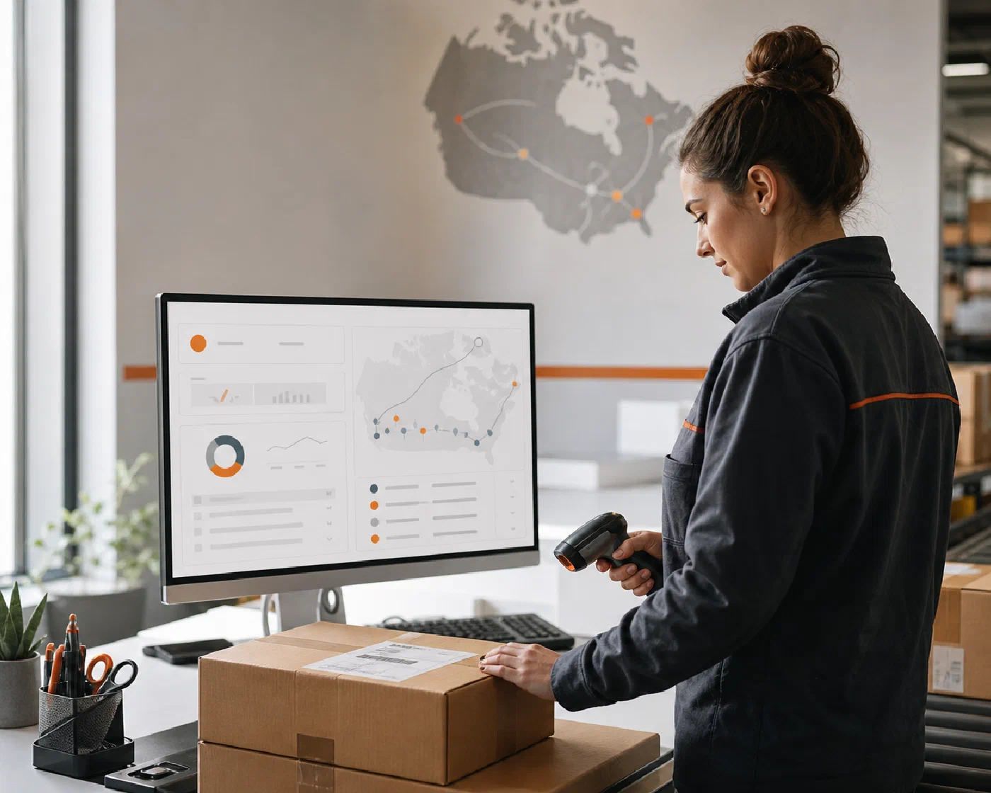 A warehouse specialist using a connected shipping workspace