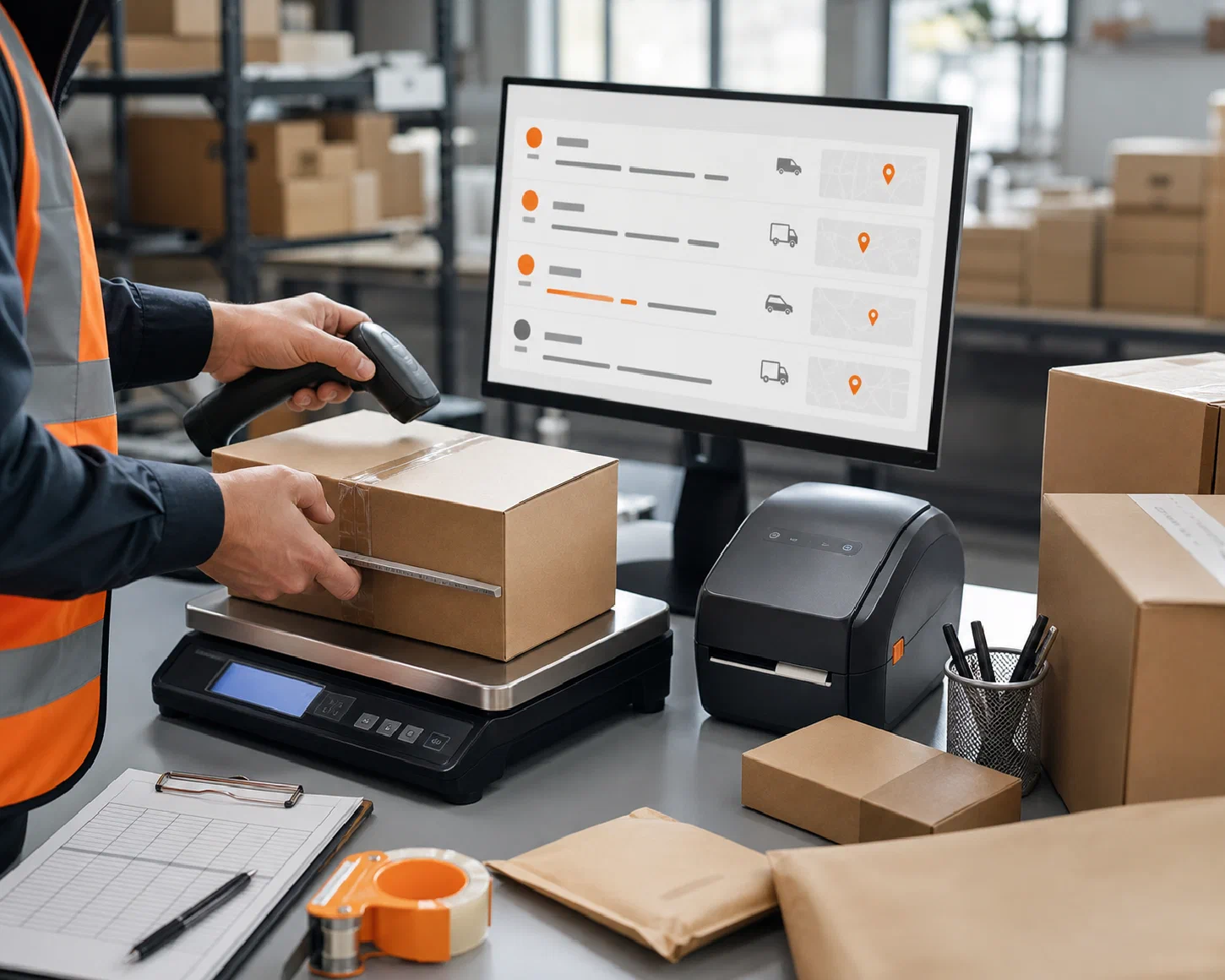 A shipping specialist measuring and scanning a parcel before comparing delivery services