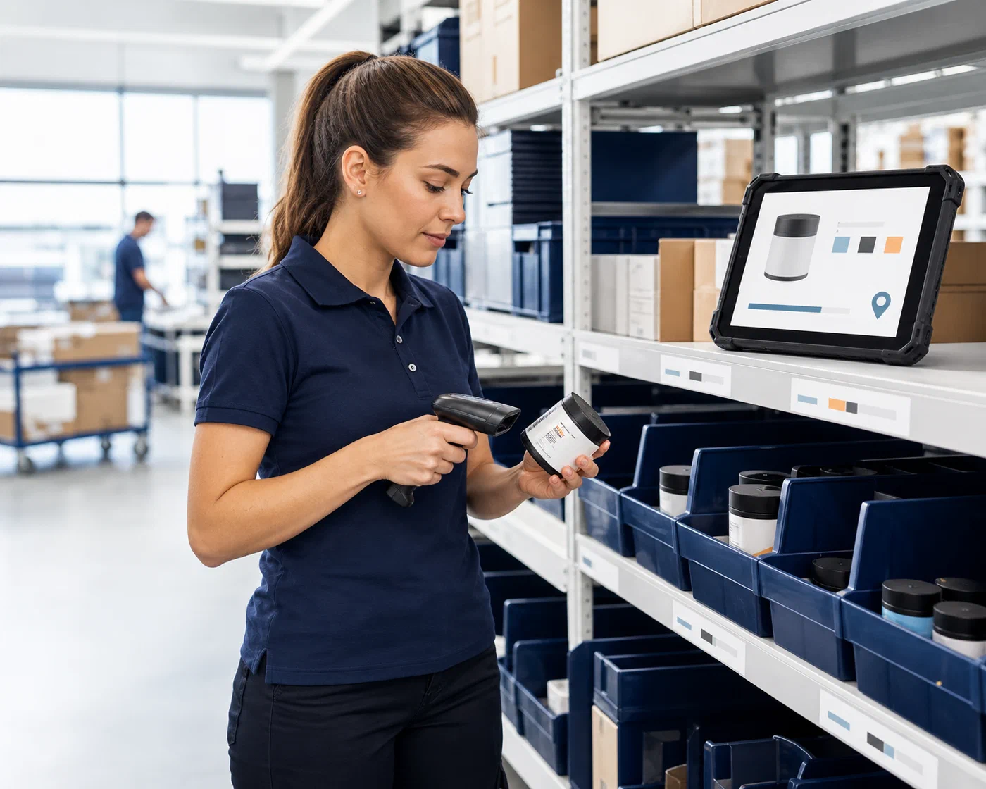 An inventory specialist scanning a product variant at its assigned pick location