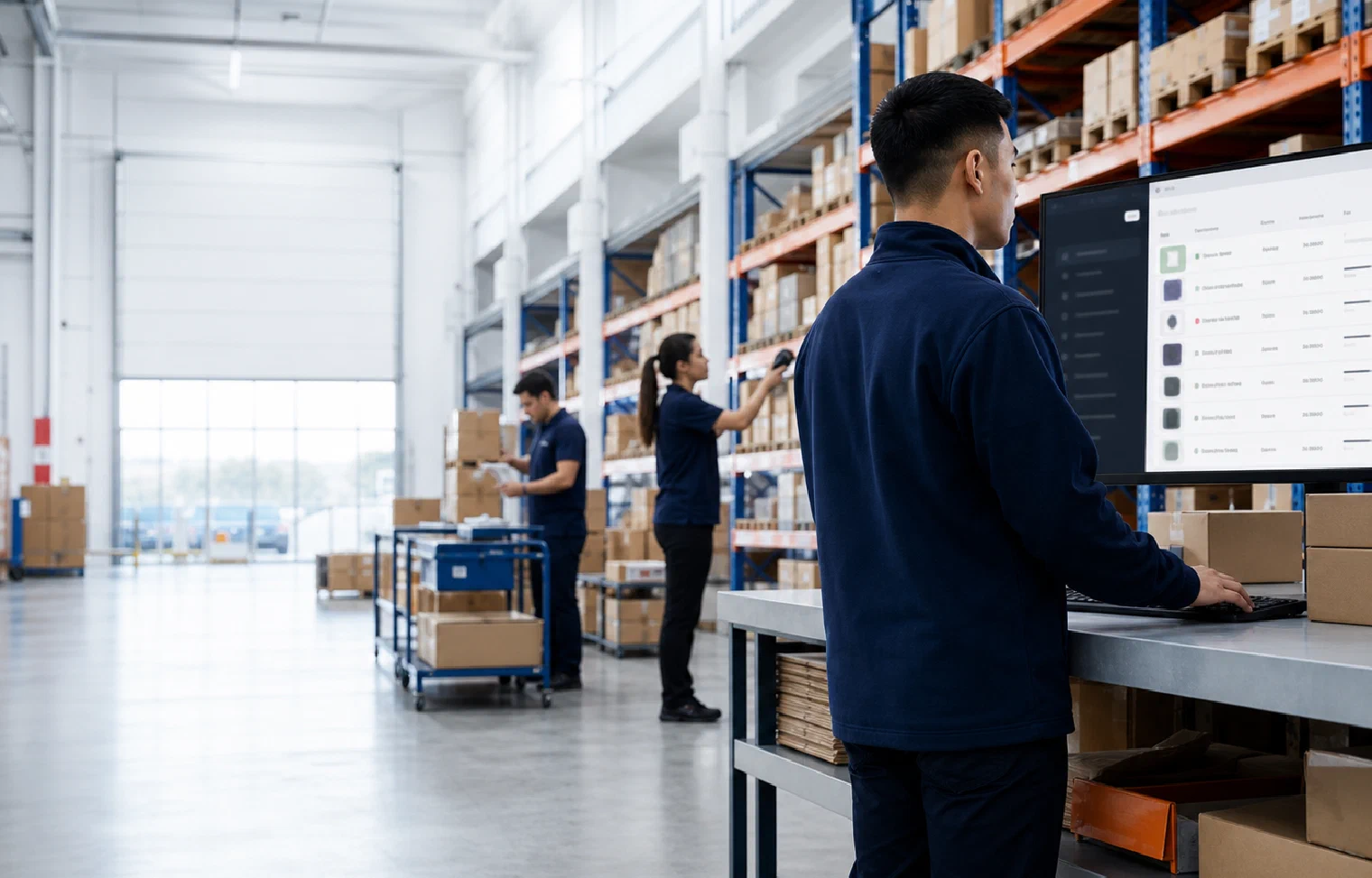 A fulfillment coordinator reviewing online orders while warehouse associates pick and pack products