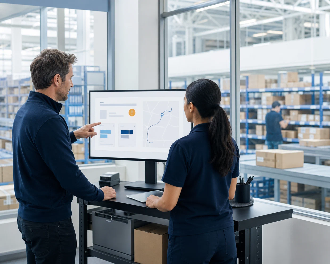 An operations team reviewing a Shopify fulfillment exception beside the active warehouse