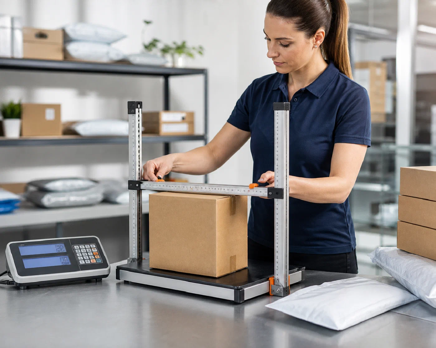 A parcel being measured and weighed before service selection