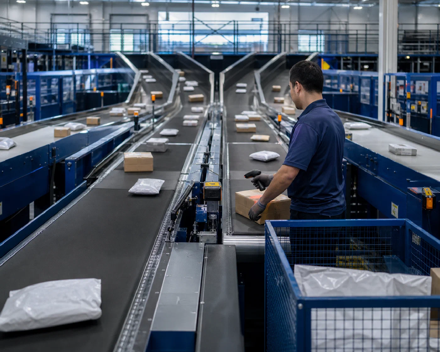 Small parcels moving across several automated sortation routes
