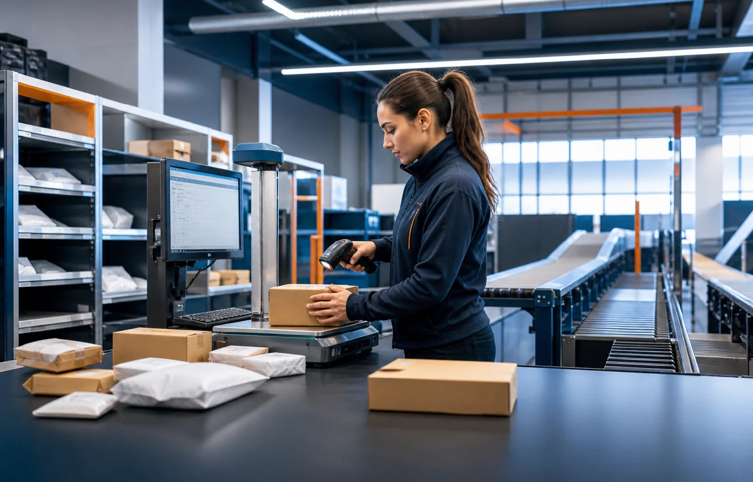 An operator measuring and scanning small parcels before automated sortation