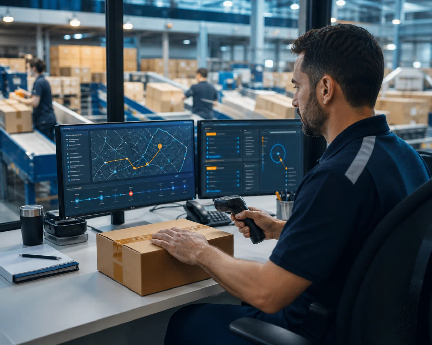 A logistics specialist reviewing parcel tracking and an open exception