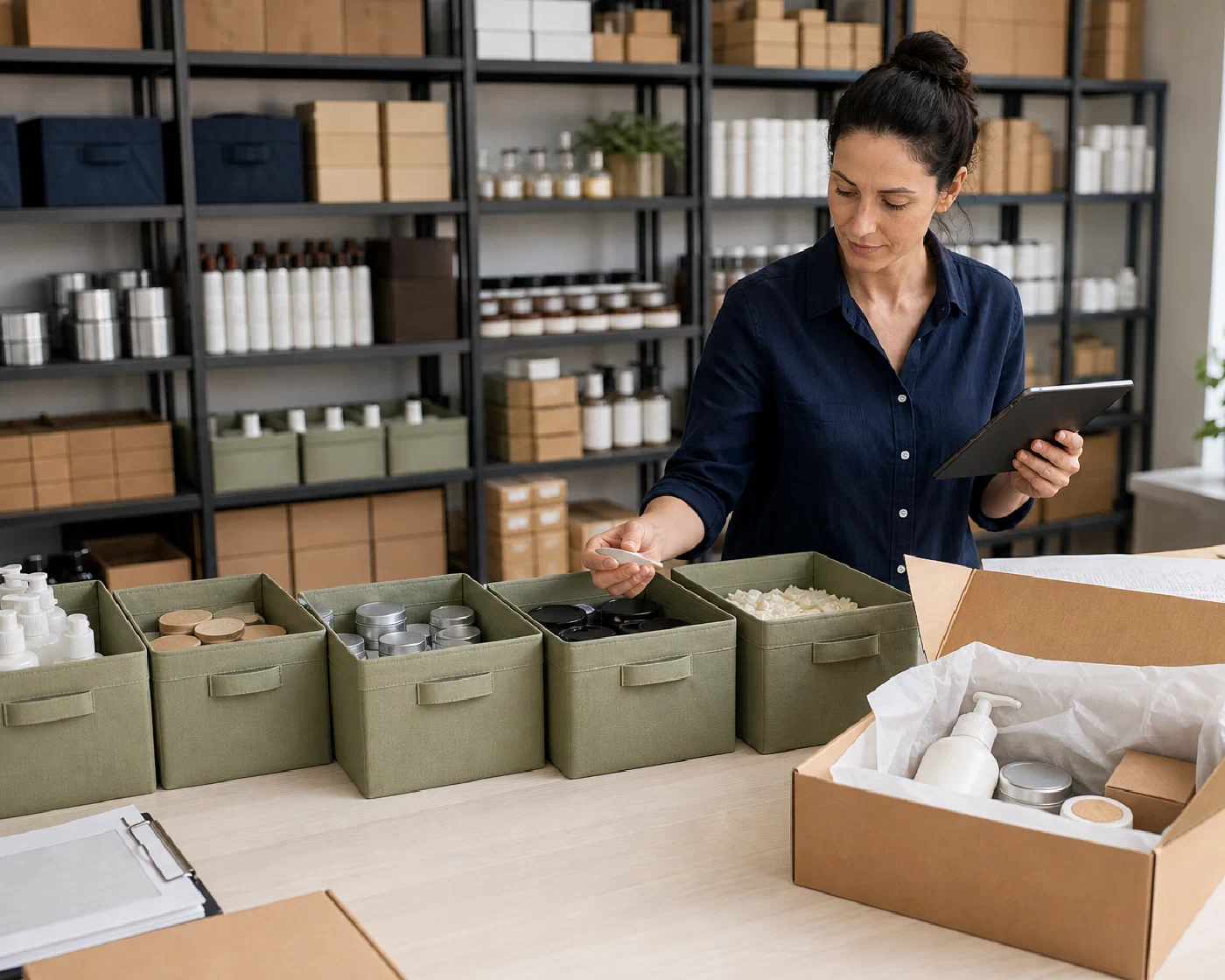 A fulfillment lead staging subscription components beside an approved sample box