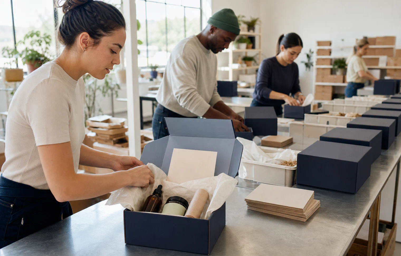 A fulfillment team assembling a coordinated wave of unbranded subscription boxes