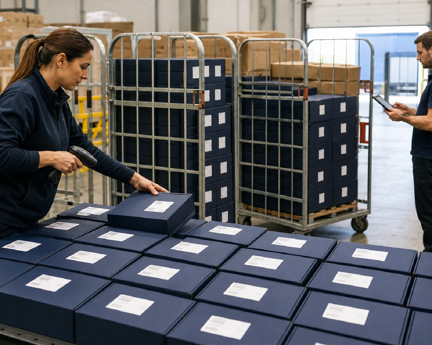 A completed wave of subscription boxes being scanned into outbound parcel cages