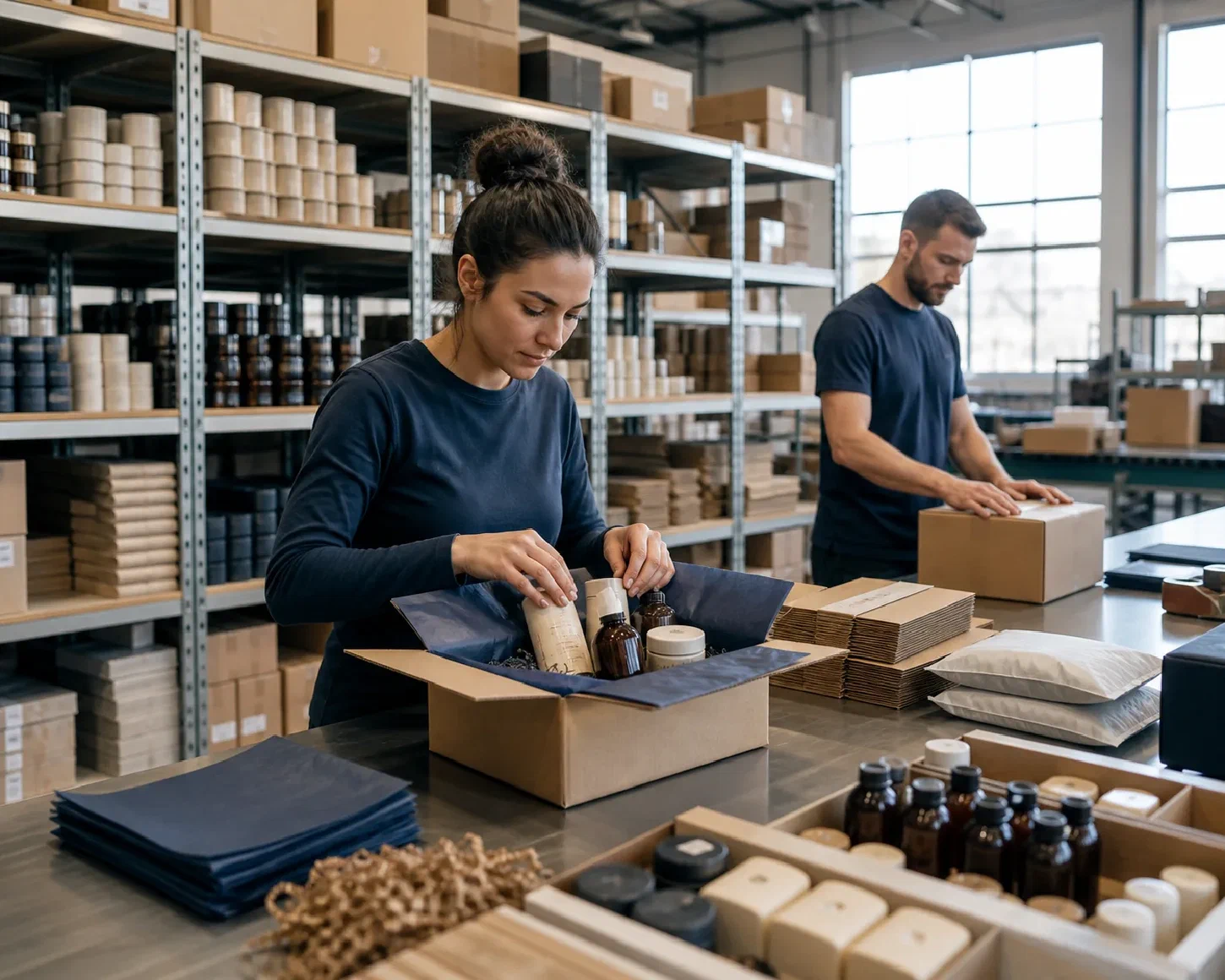 Subscription components, box assembly and finished parcel preparation in one fulfillment operation