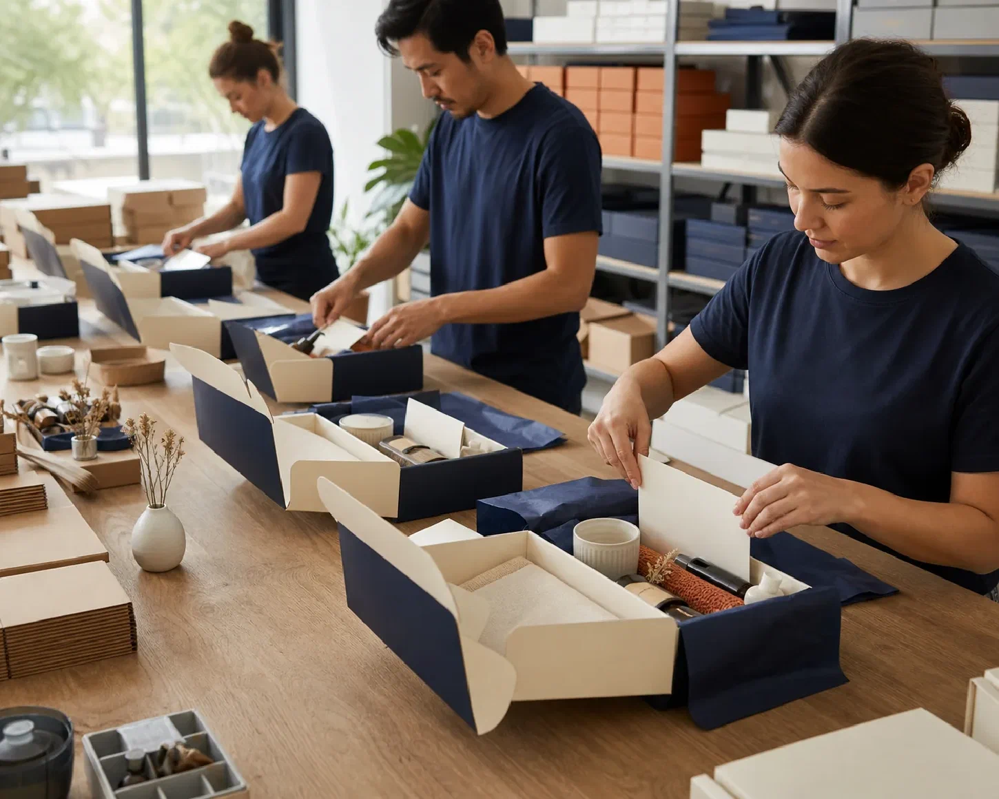 Subscription boxes being assembled to a defined product and presentation configuration