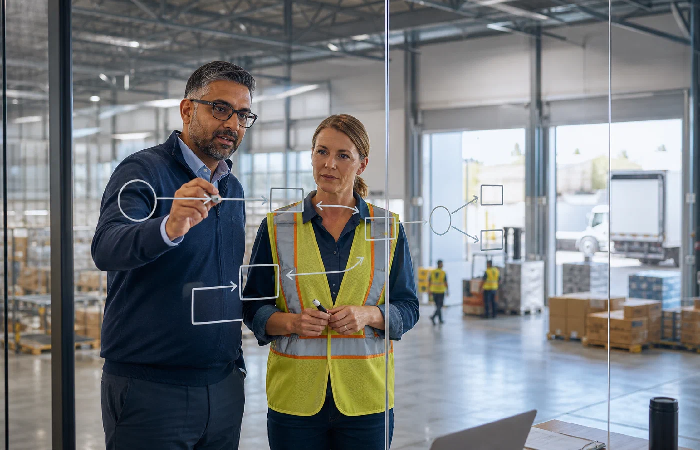 Technology and warehouse specialists mapping connected logistics systems