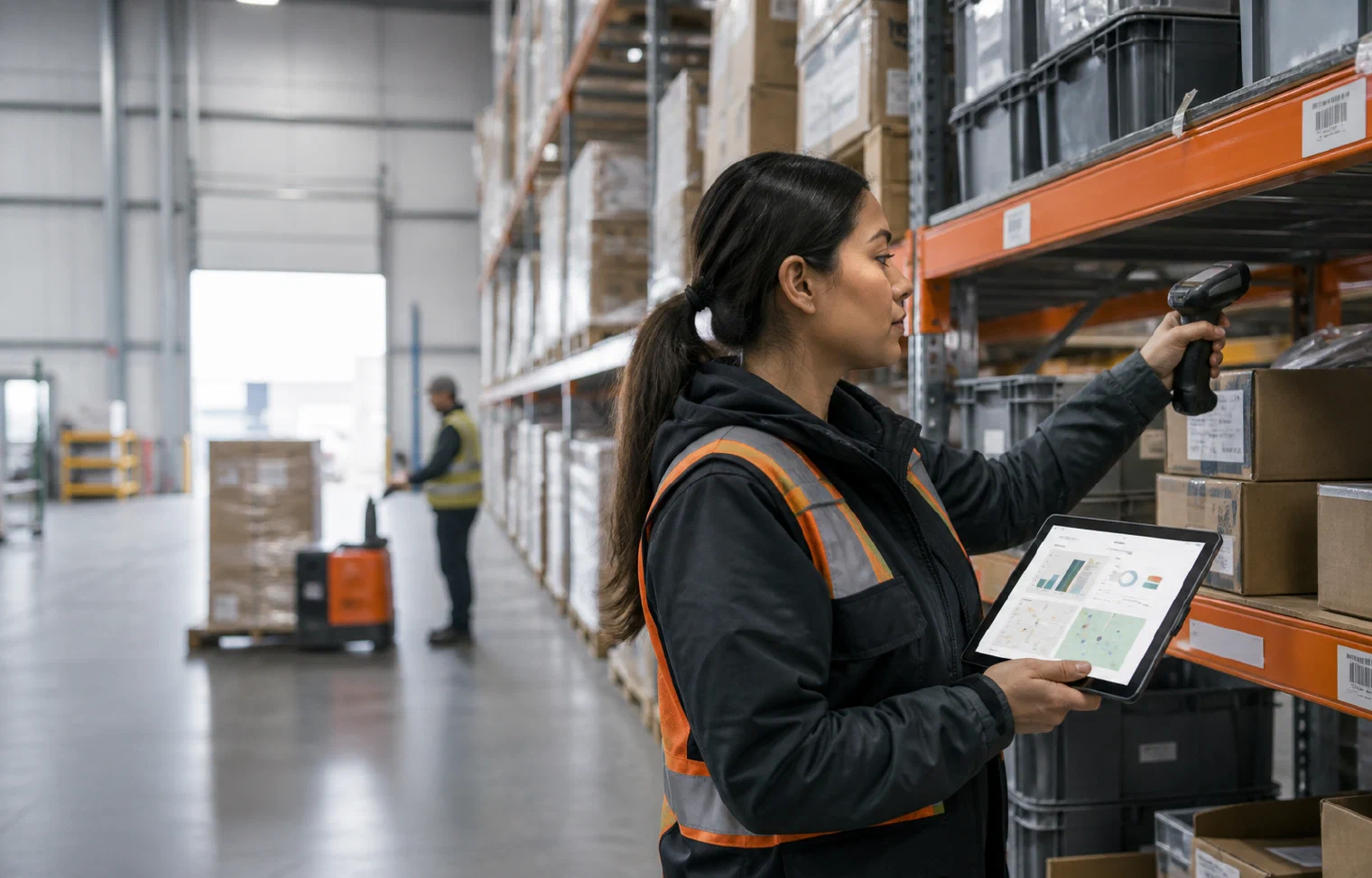 An inventory specialist scanning warehouse stock while reviewing inventory information on a tablet