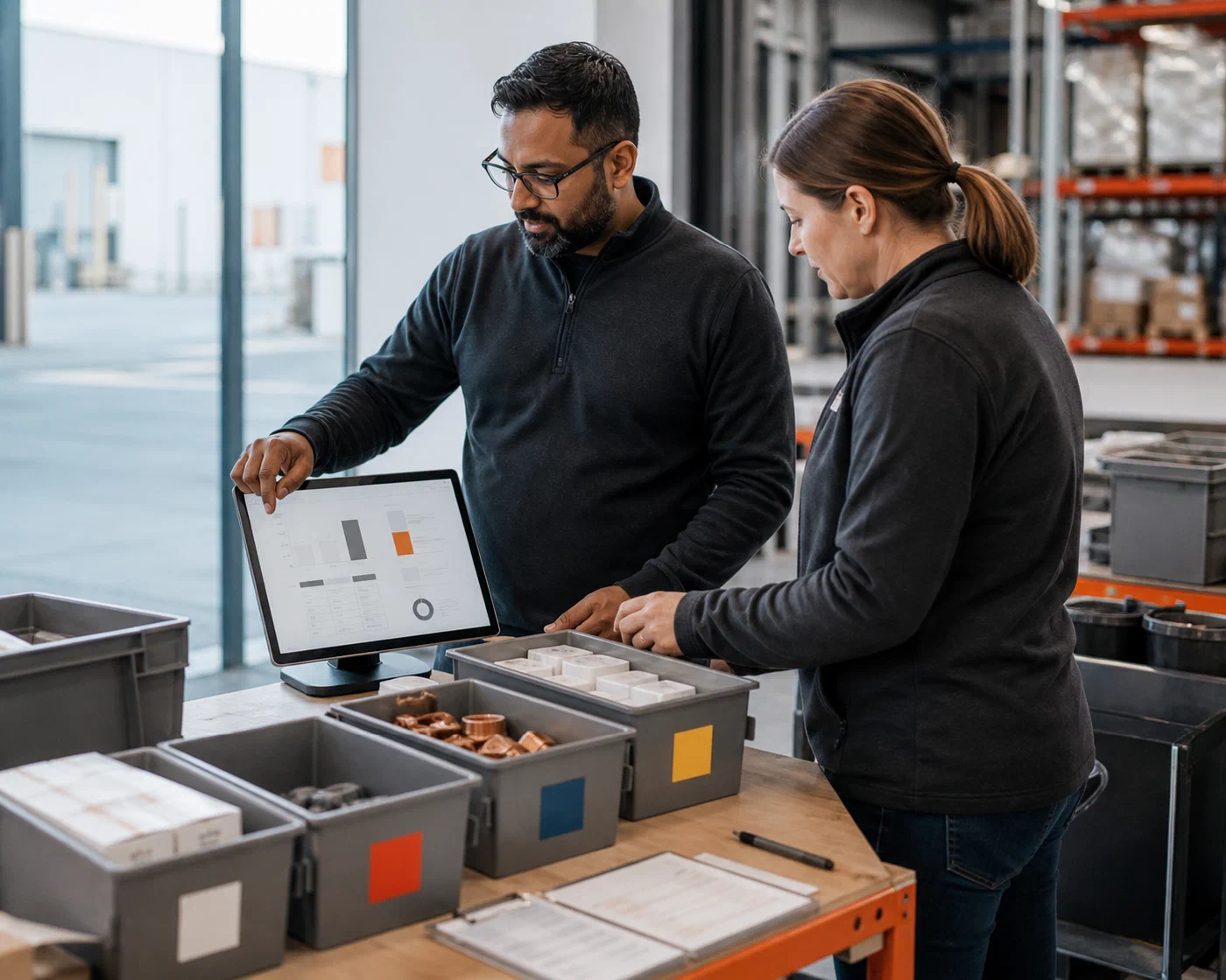 Two inventory specialists reviewing a stock discrepancy at a warehouse reconciliation station