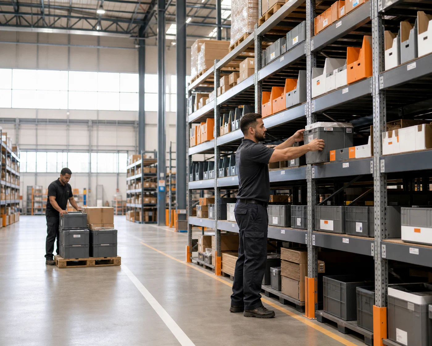 Warehouse specialists positioning inventory inside clearly organized storage locations
