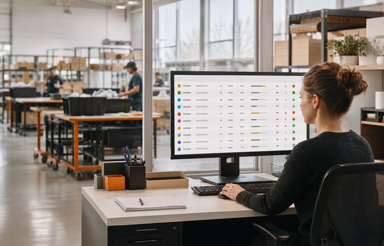An order operations specialist reviewing a connected order queue beside an active fulfillment floor