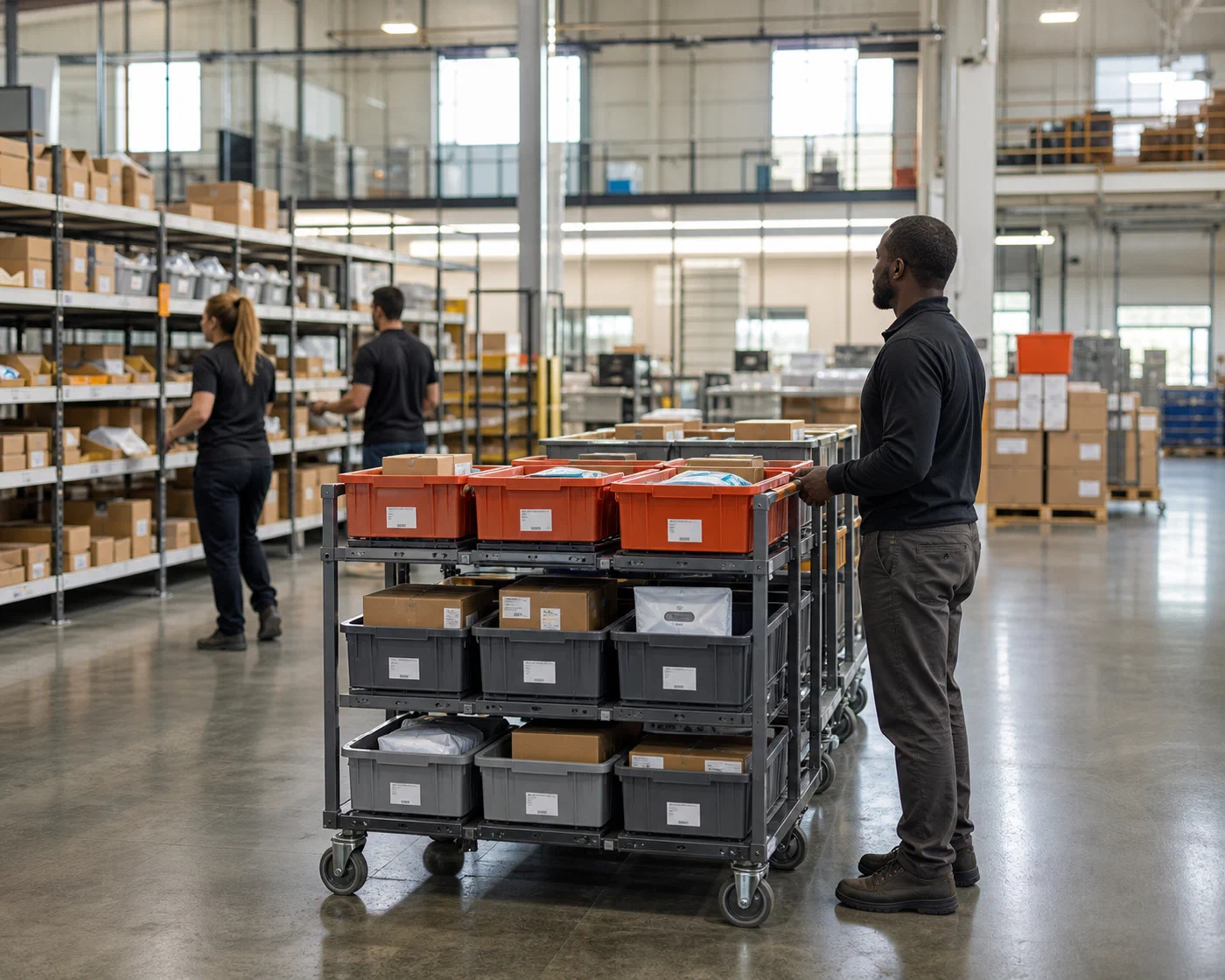 A fulfillment team beginning work from organized order batches and pick carts