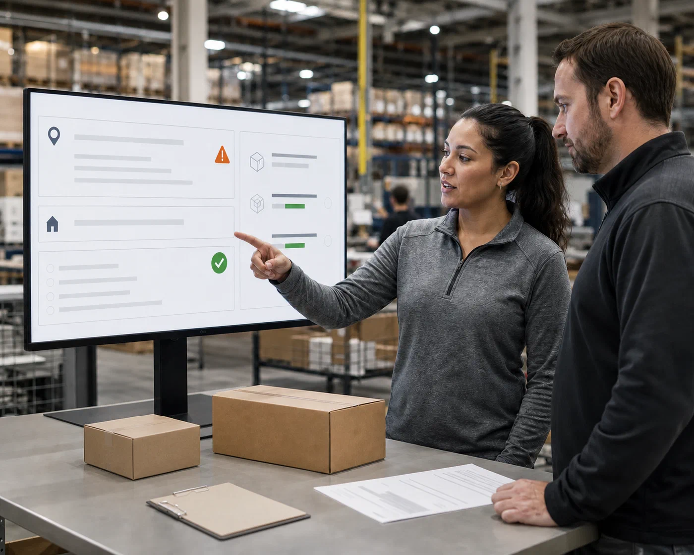 Two operations specialists reviewing a flagged order before warehouse release