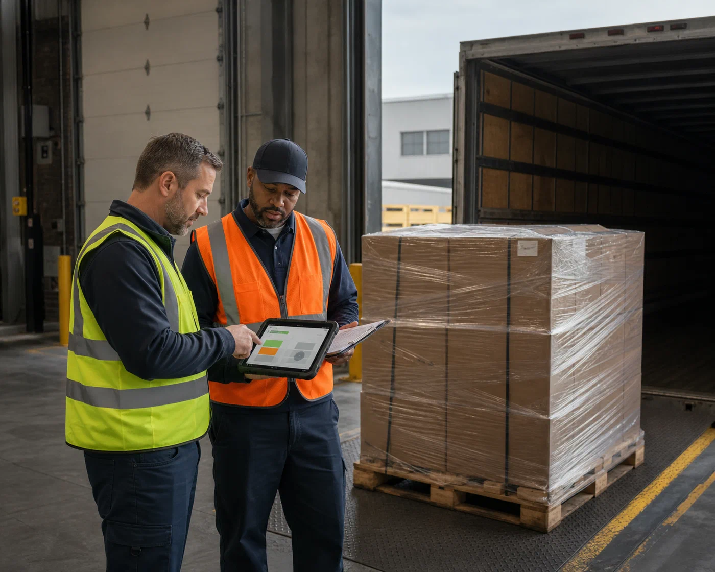 A warehouse supervisor and carrier driver confirming a freight handoff beside a wrapped pallet