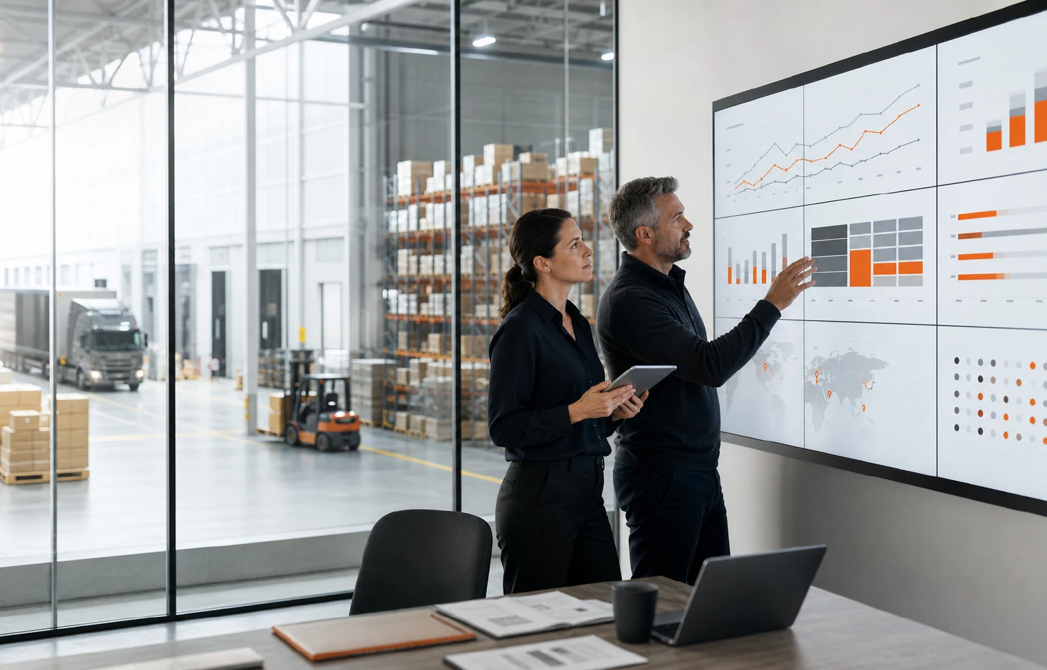 An operations analyst and logistics leader reviewing performance information in a glass-walled distribution office