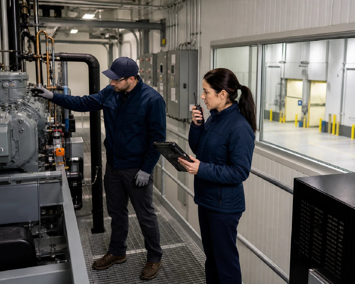 A technician and operations coordinator checking temperature-control equipment and response information