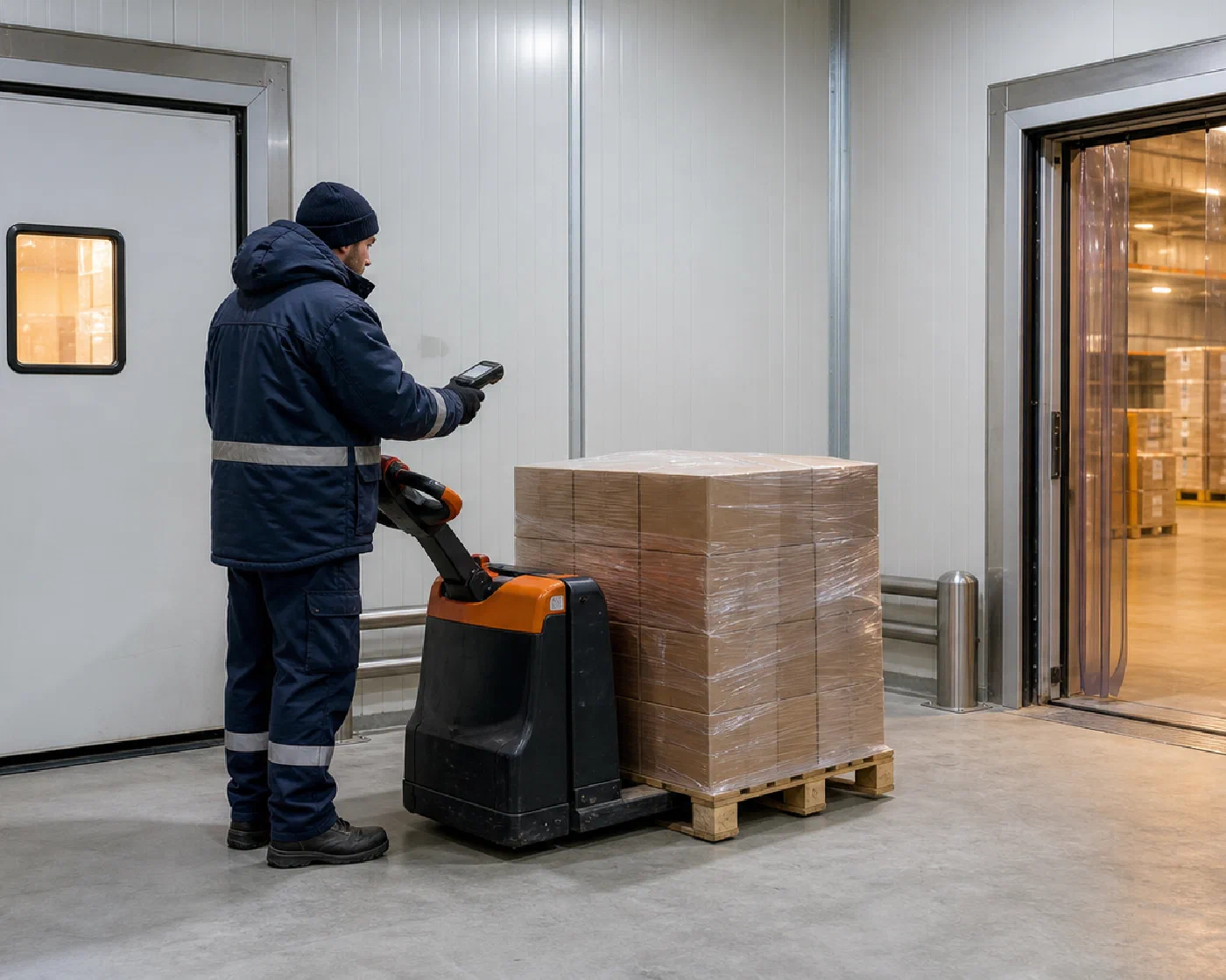 An operator scanning a pallet inside an enclosed transition between two warehouse zones