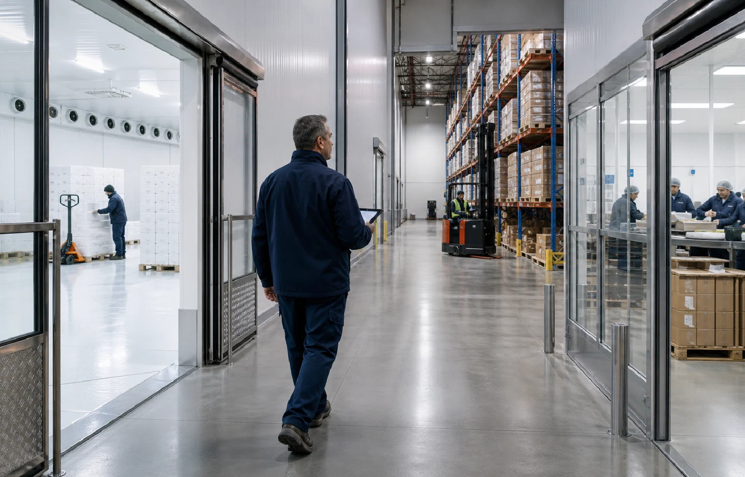 An operations lead walking between several distinct temperature-controlled warehouse zones