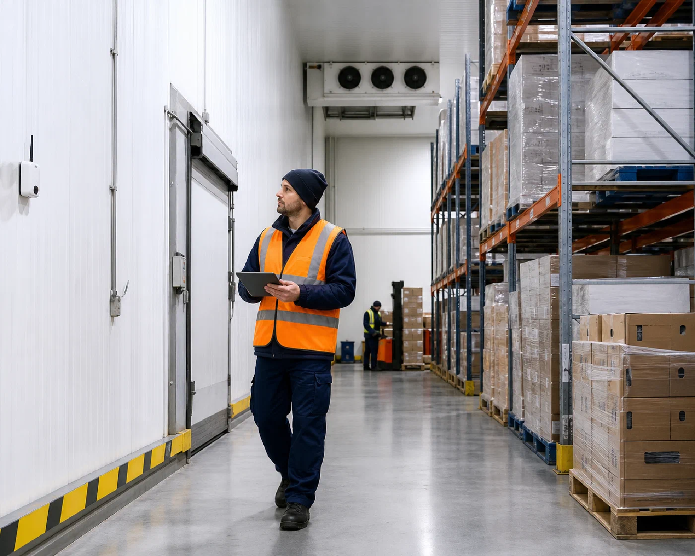 A warehouse specialist reviewing a sensor and inventory placement inside a controlled zone