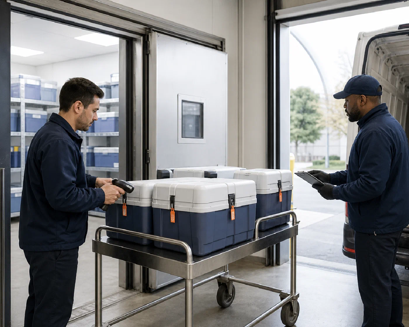 Sealed insulated healthcare shippers scanned during an accountable carrier handoff