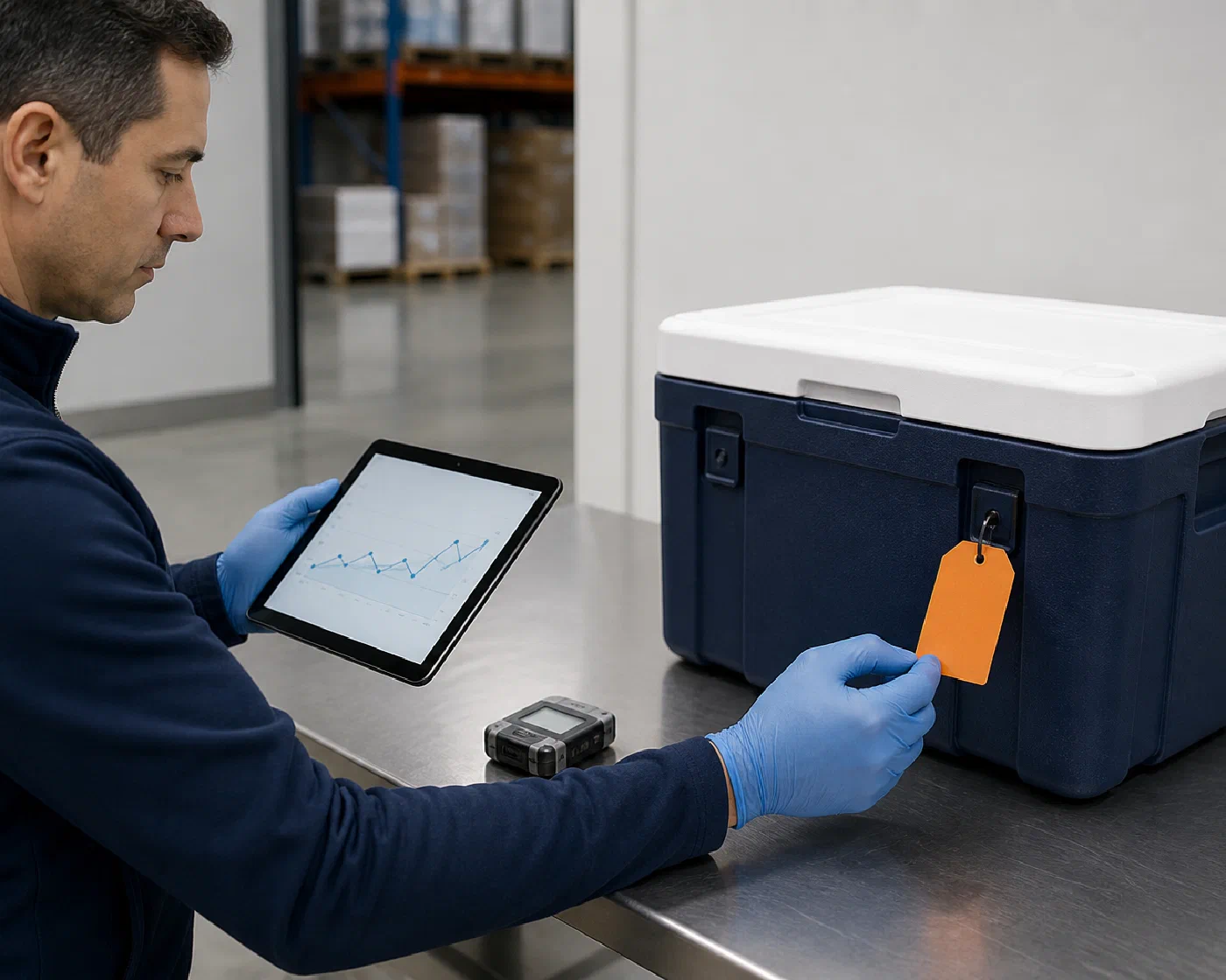 A specialist isolating a sealed condition-sensitive shipper while reviewing monitoring evidence