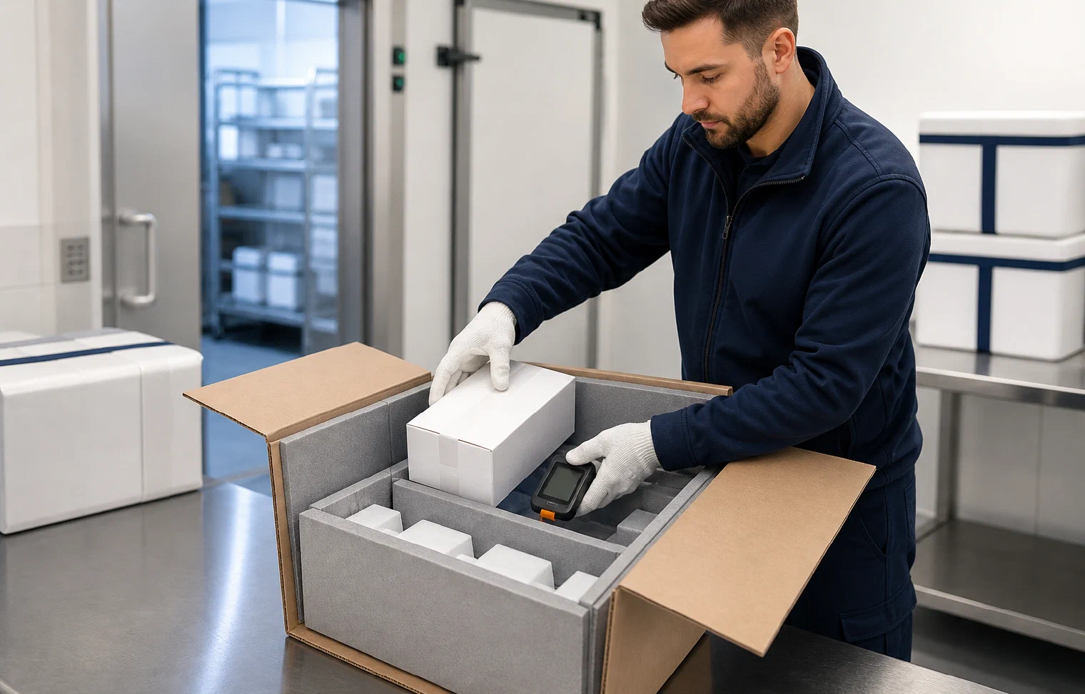 A specialist preparing a sealed condition-sensitive healthcare product inside an insulated shipper