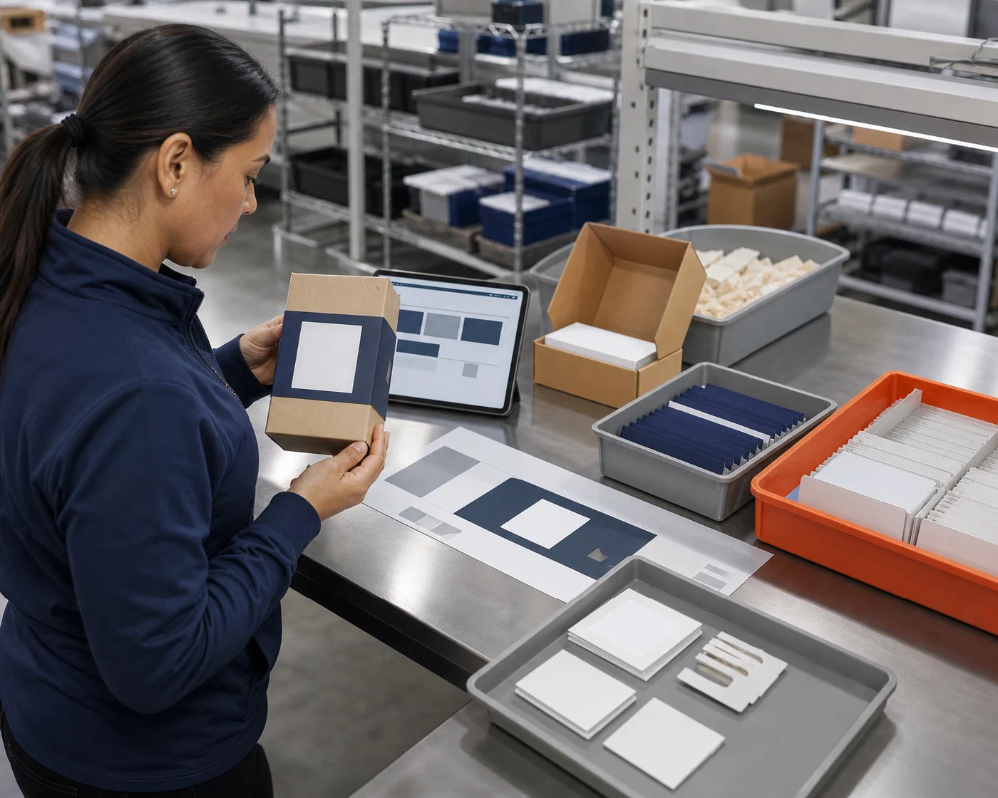 A program lead comparing a prepared carton with staged labels, inserts and packaging components