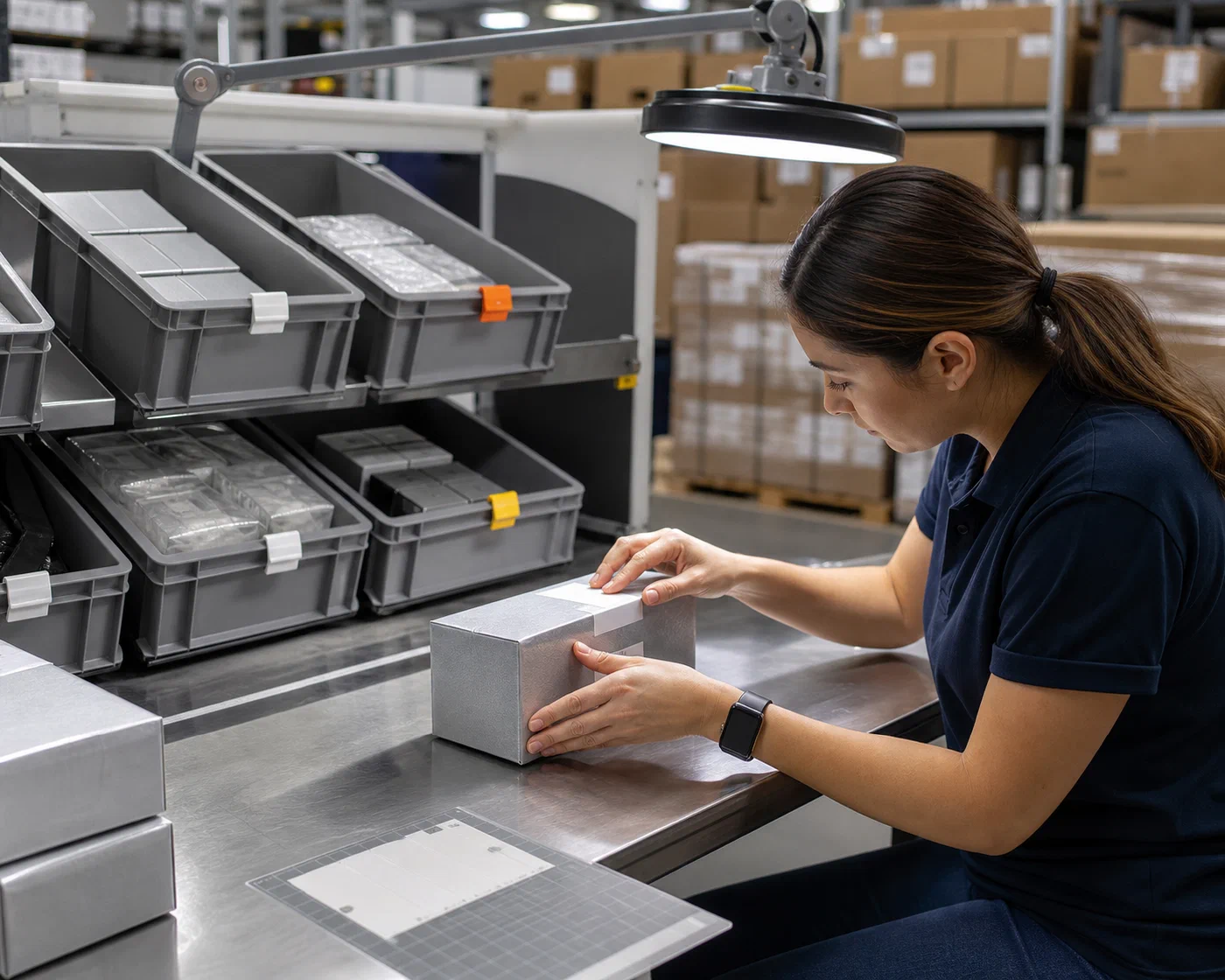 A quality inspector checking label placement at a controlled warehouse work cell