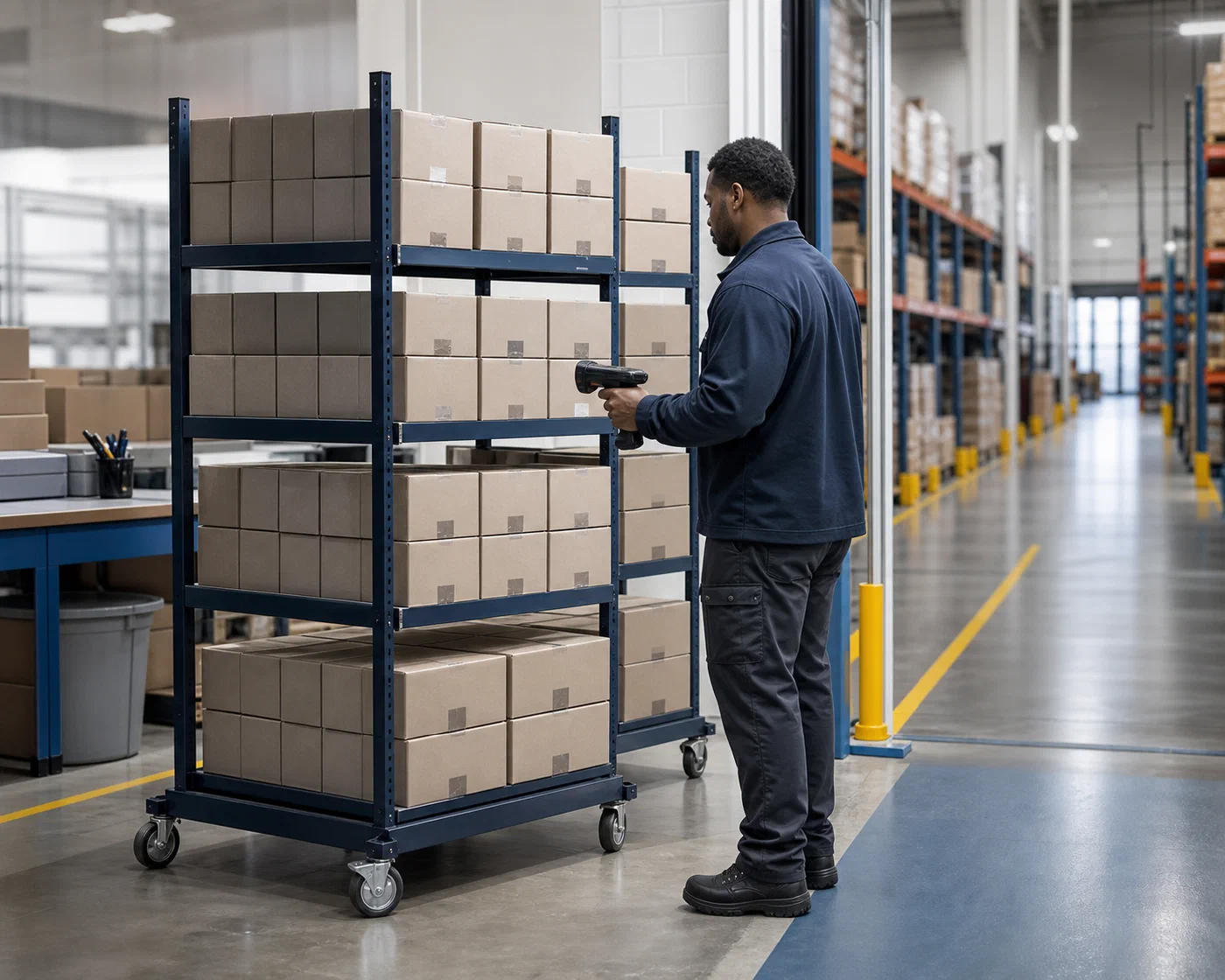 An associate scanning a rack of prepared cartons as they return to warehouse inventory