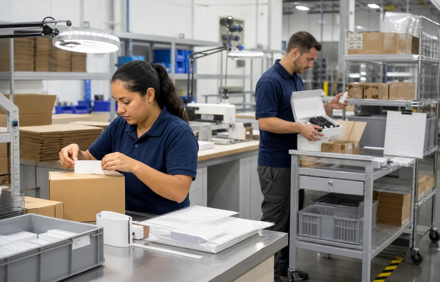 Warehouse associates completing controlled labelling and inspection work at dedicated preparation cells