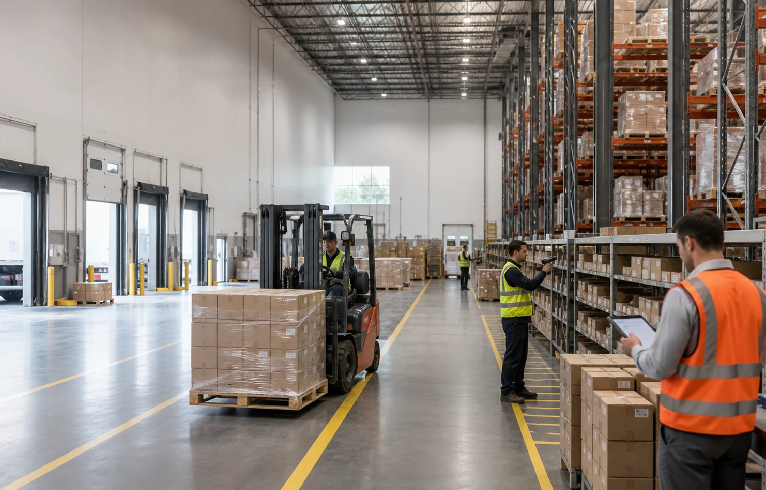 Receiving docks, pallet racking, case storage and outbound warehouse work connected in one facility