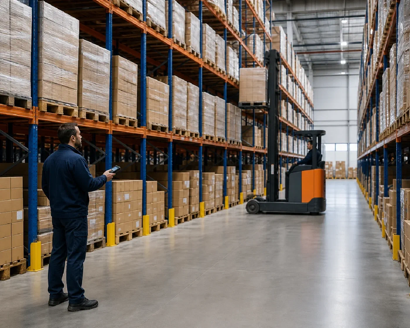 An inventory specialist verifying organized pallet locations inside a modern warehouse